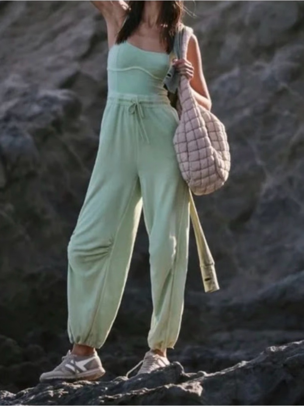 Free People Mint Green Drawstring Jumpsuit with Elastic Ankles